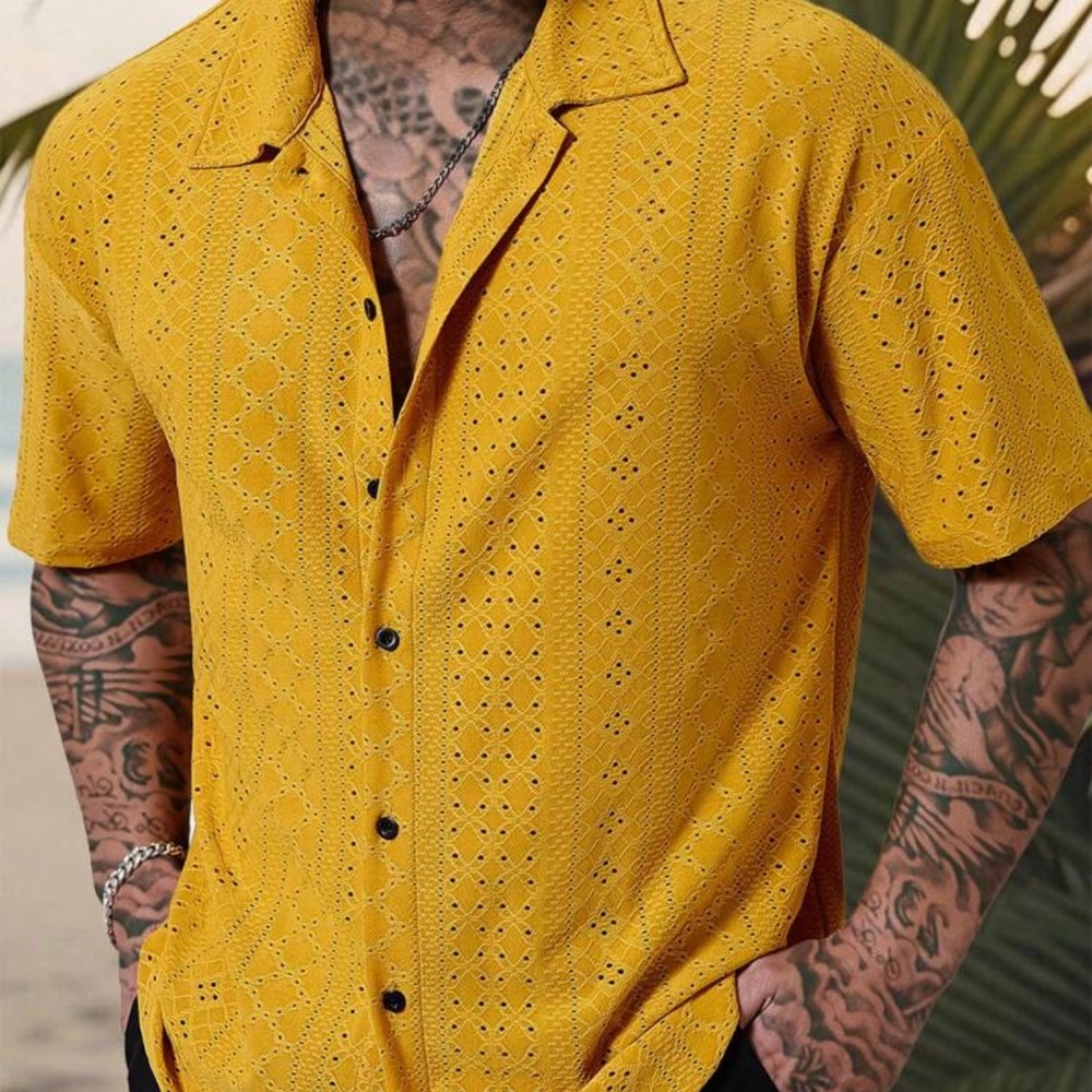 Homme Men's Summer Solid Color Burnt-Out Floral Embroidery Short Sleeve